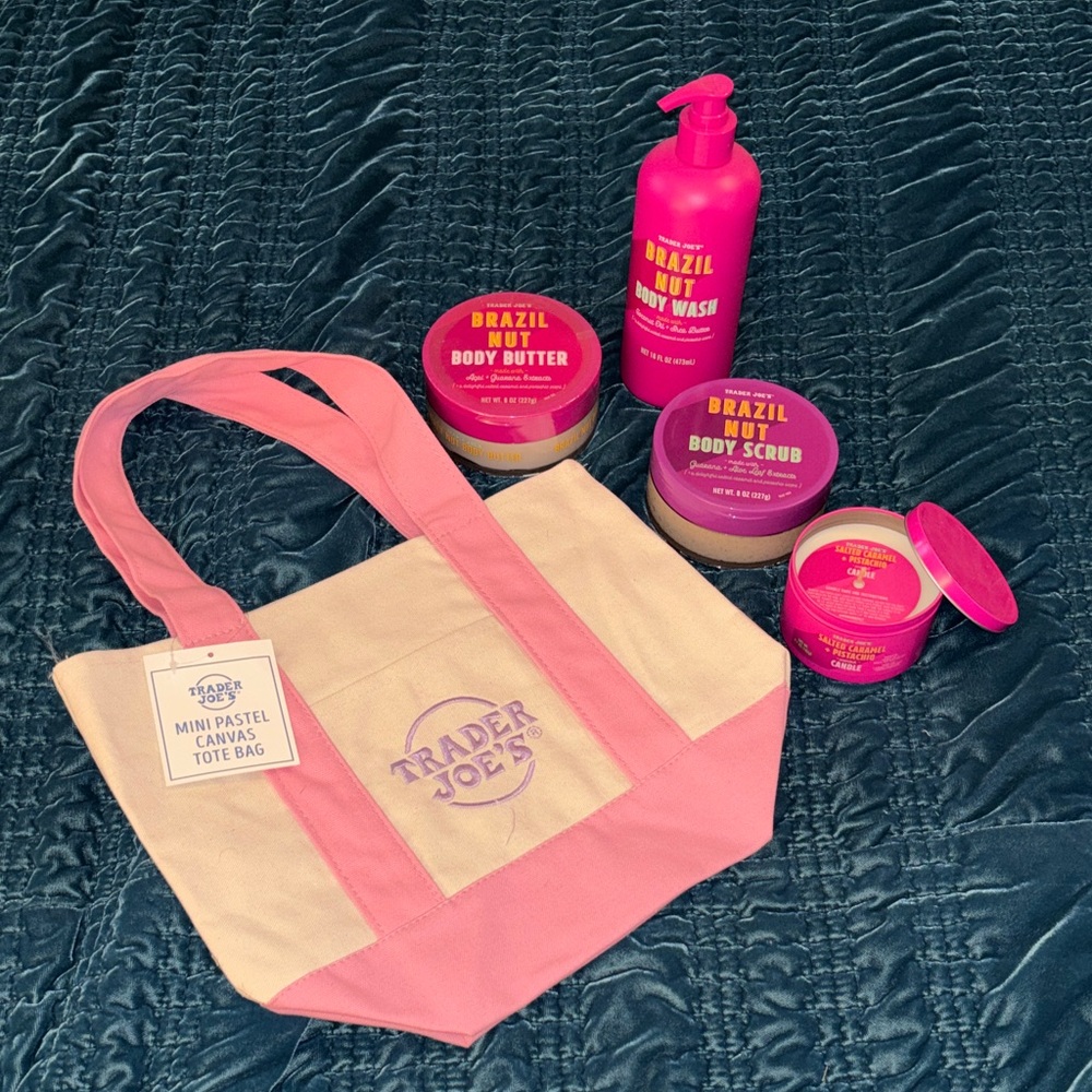 Trader Joe’s Brazil Nut Gift Set- 5 items incl pink & purple canvas tote